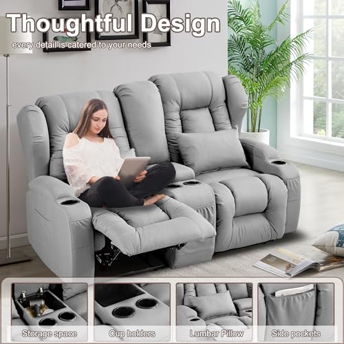Beige Manual Reclining Loveseat Sofa with Console and Cup Holders A942