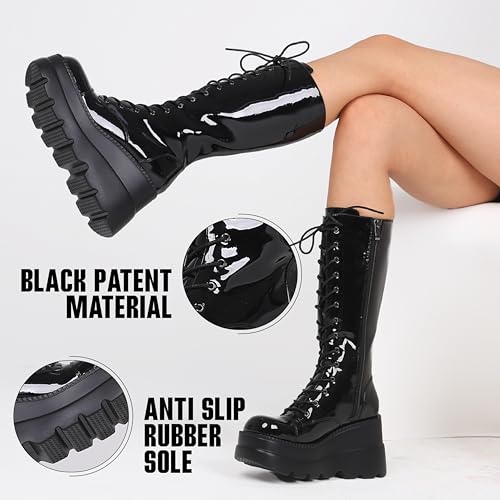Womens High Platform Mid Calf Wedges Chunky High Heel Round-Toe Side Zip Combat Boots D456