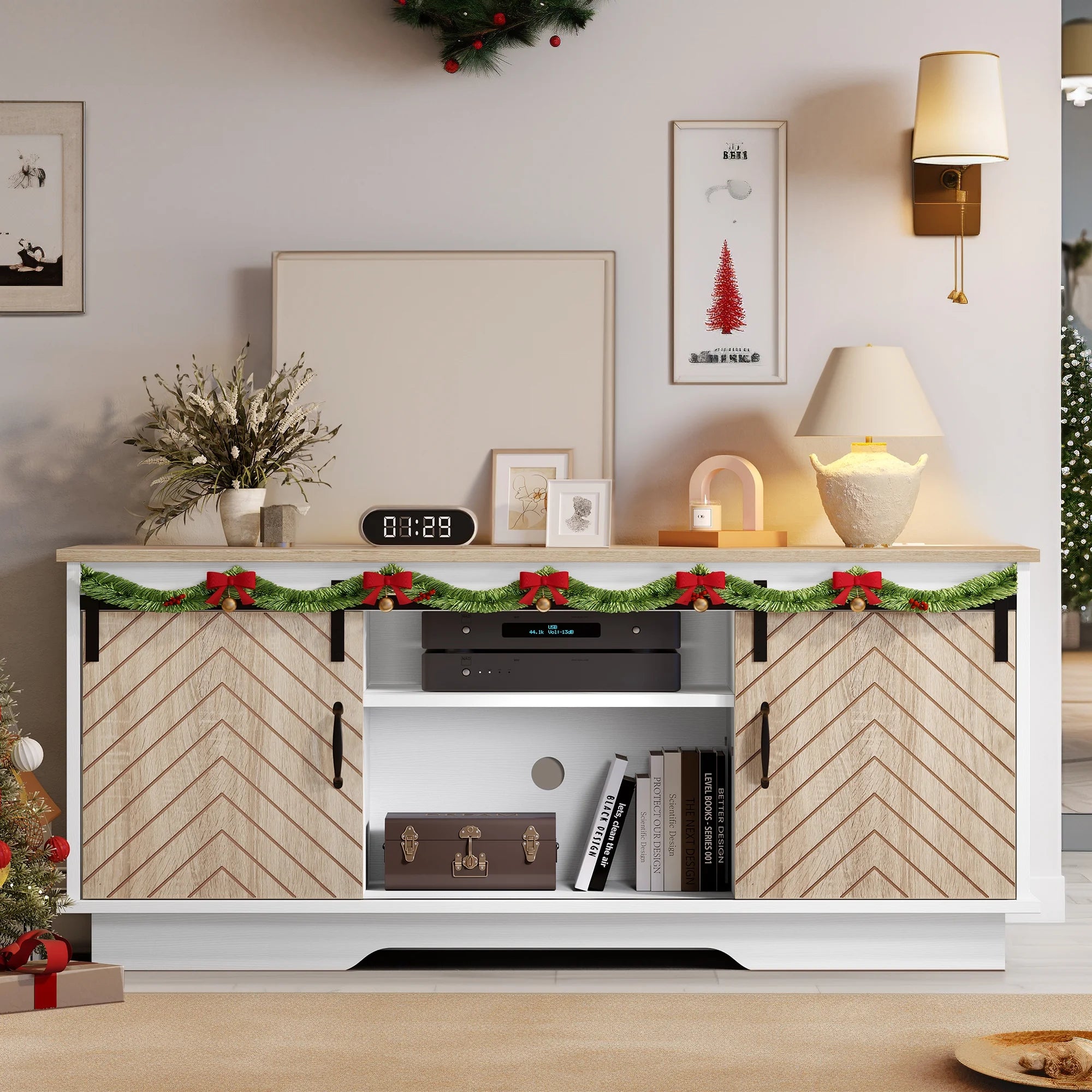 Oak Wood TV Stand with Outlets and USB Ports U400214