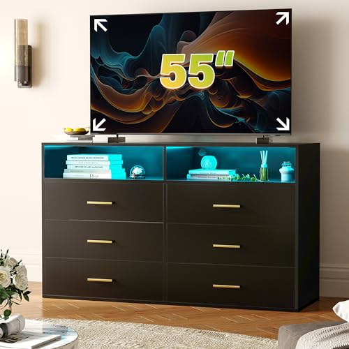 Black 6 Drawer Wood Dresser with LED H6502