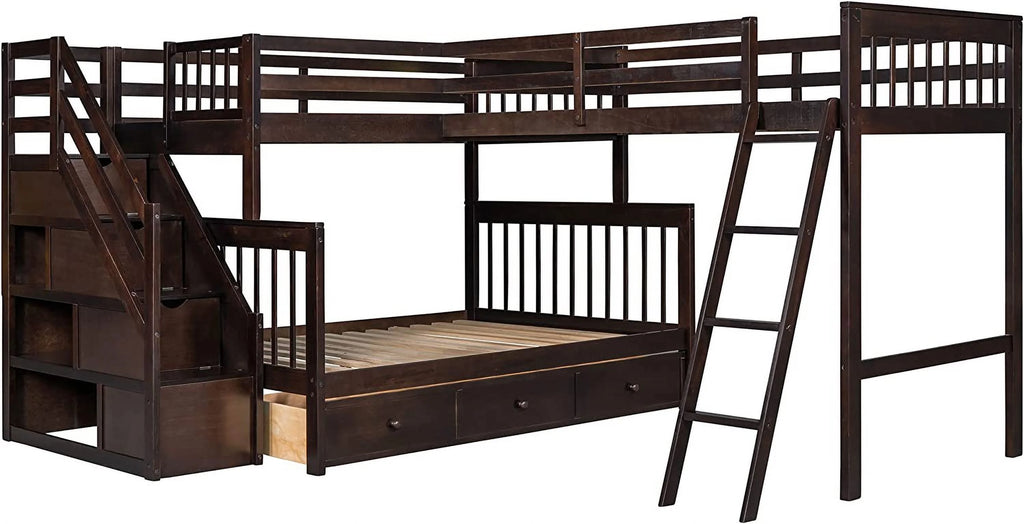 Twin Over Full L-Shaped Triple Bunk Bed with 3 Storage Drawers and Stairs B372387