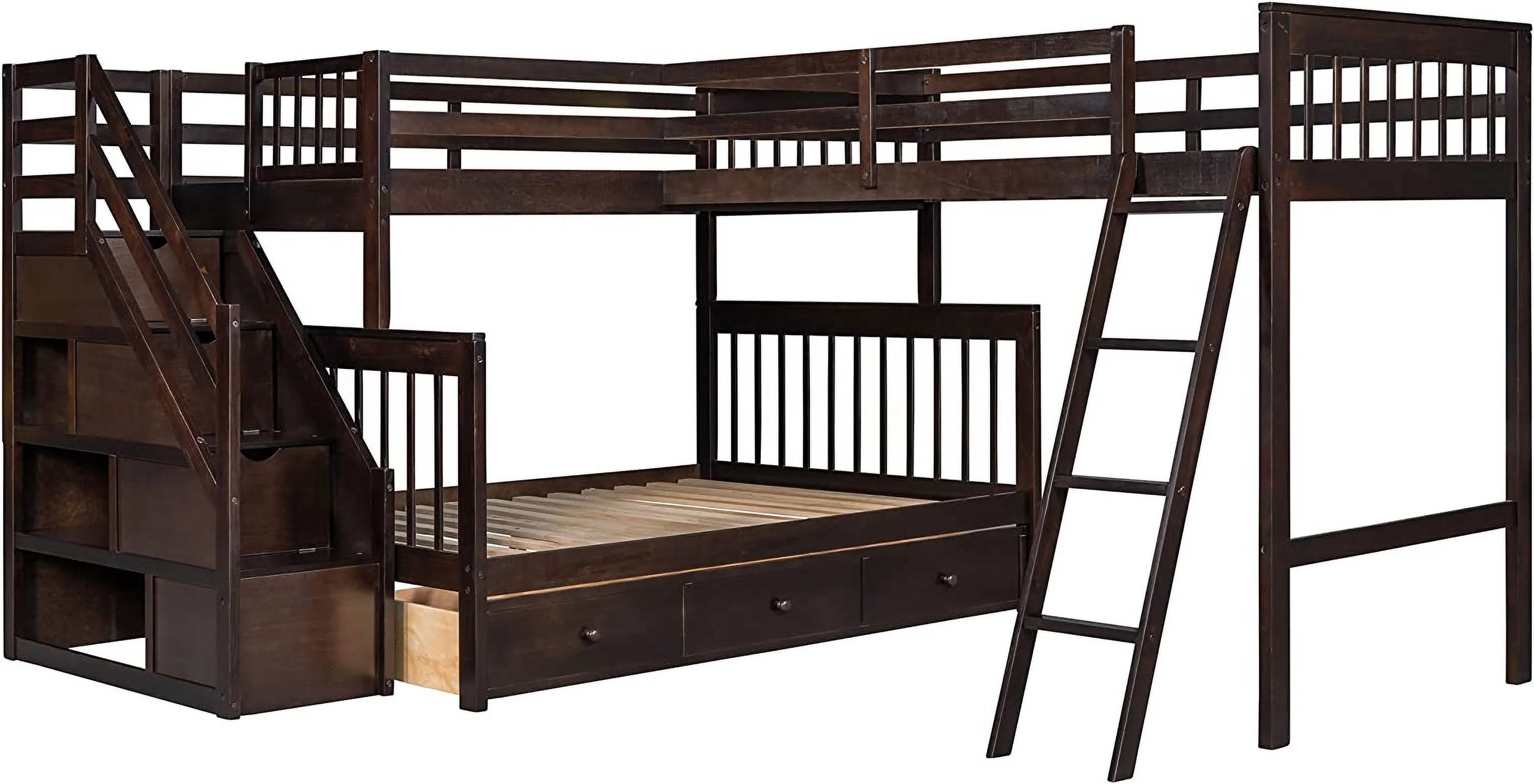 Twin Over Full L-Shaped Triple Bunk Bed with 3 Storage Drawers and Stairs B372387