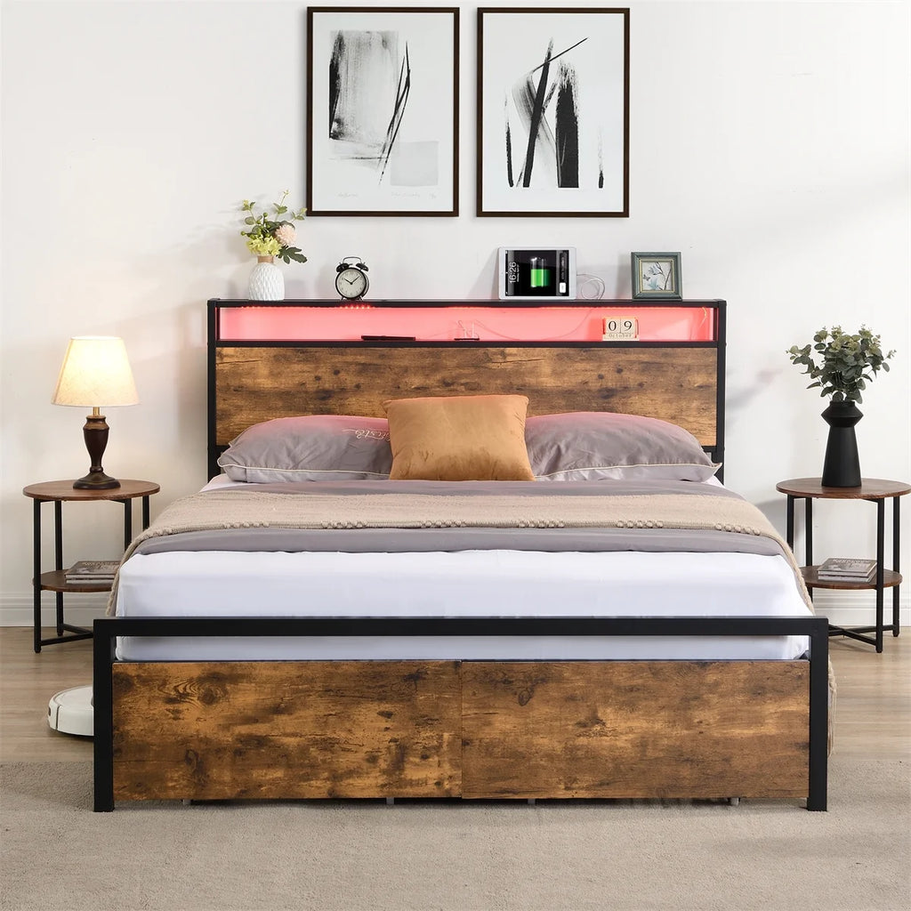 Queen Size Metal Bed Frame with Storage Headboard and 2 Drawers I5040