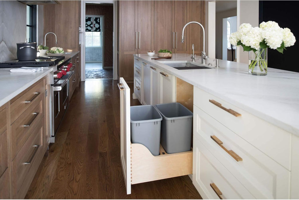 Double 35-Quart Maple Bottom Mount Kitchen Pullout Waste Container Trash Can with Soft-Close Slides, Silver R738731