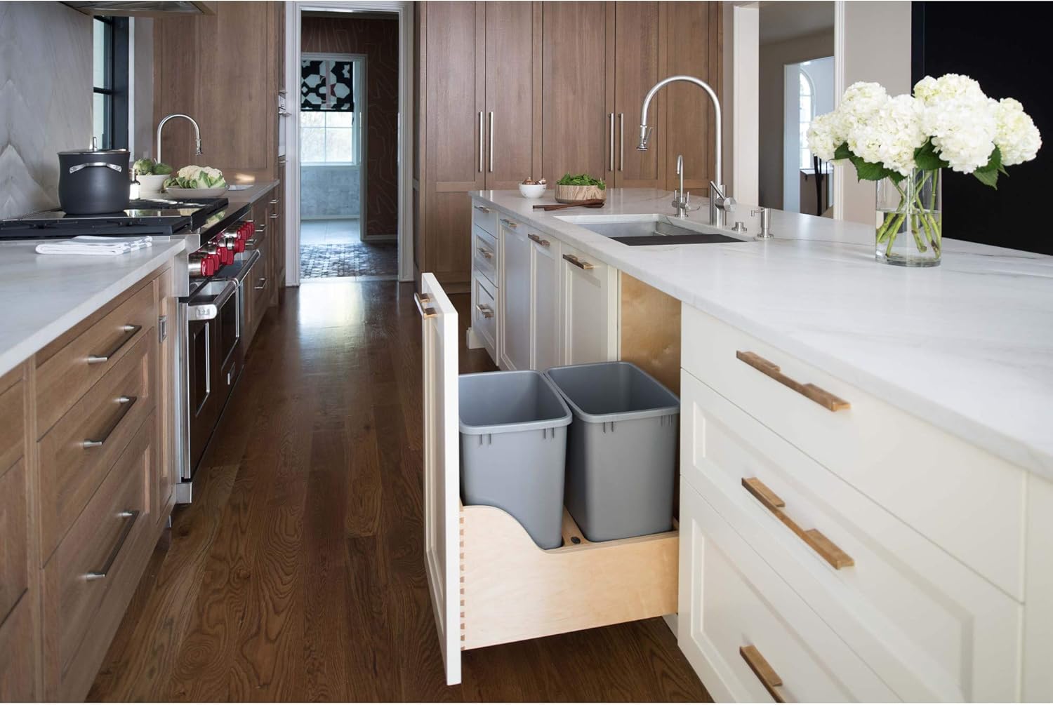 Double 35-Quart Maple Bottom Mount Kitchen Pullout Waste Container Trash Can with Soft-Close Slides, Silver R738731