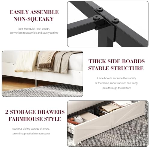 White Full Size Bed Frame with Bookshelf Headboard and Storage Drawers G348