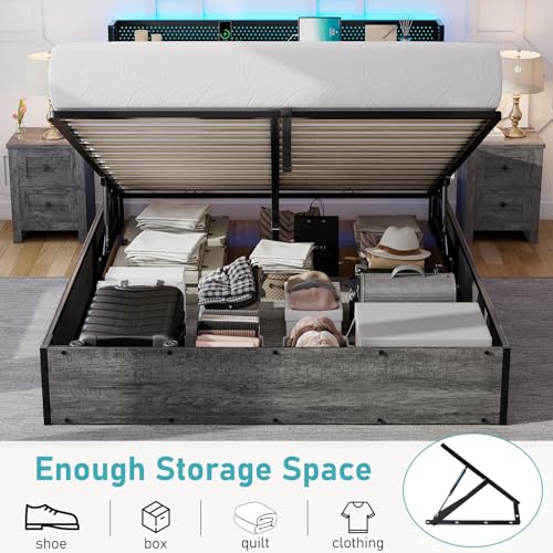 Black Linen Upholstered Full Size Lift Up Storage Bed Frame with LED Lights and Charging Station R32016