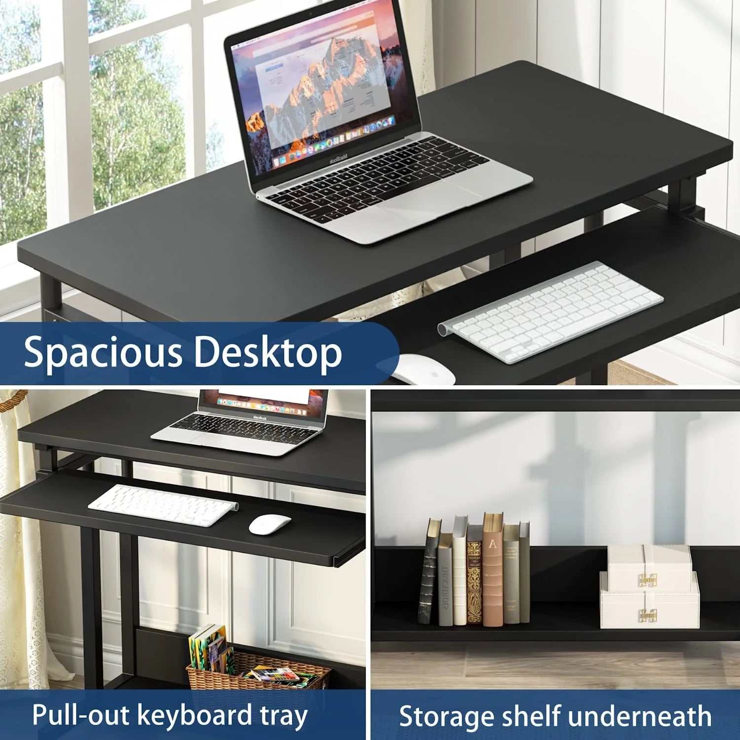 Black Height Adjustable Rolling Laptop Cart with Keyboard Tray C74996