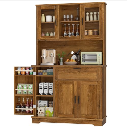Brown Freestanding Kitchen Pantry Storage Cabinet with Microwave Stand, 4 Door Shelves, Adjustable Shelves and Wine Rack H556463