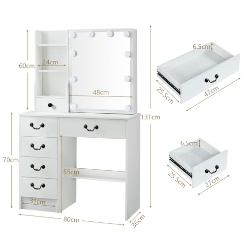 White Vanity Desk with Mirror and Light and Drawers Y229519