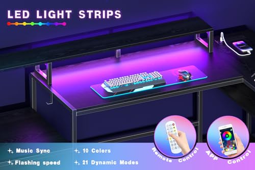 White L Shaped Gaming Desk with Drawers, LED Lights, Power Outlets, Shelves J329