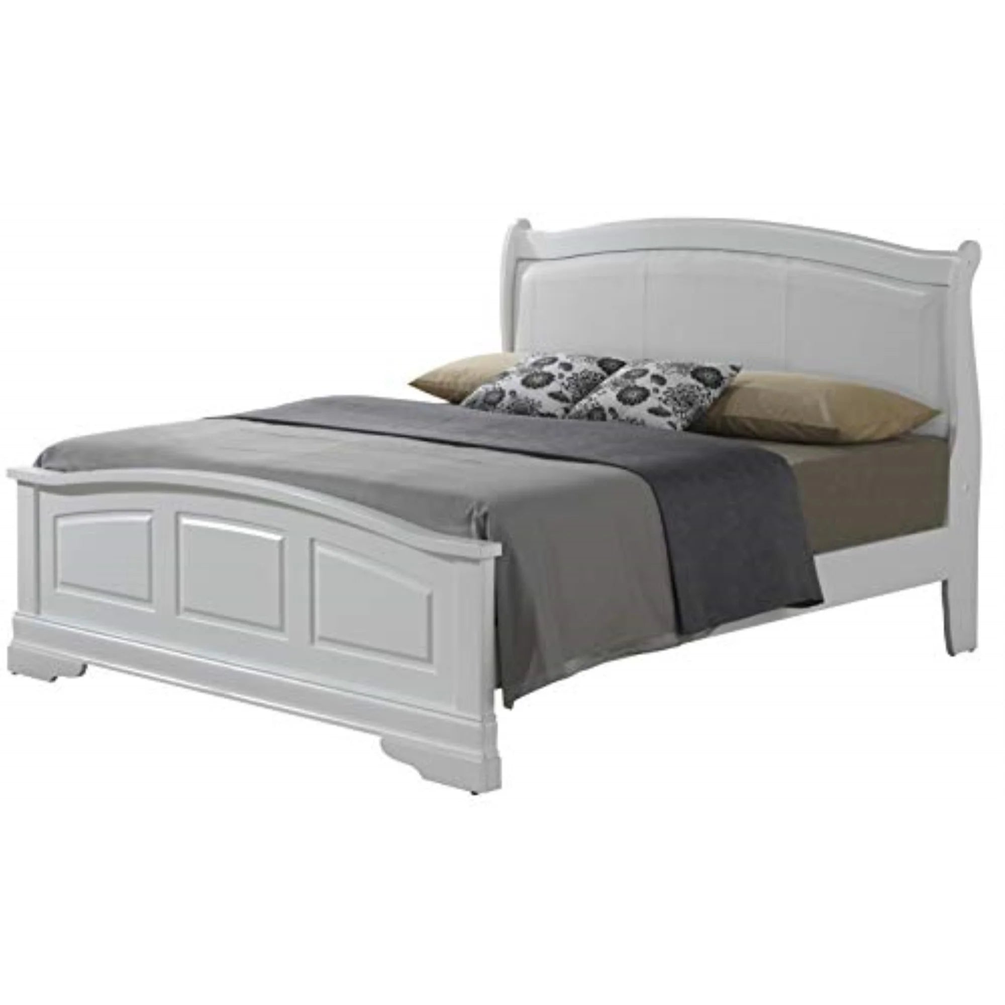 Antique White King Faux Leather and Wood Bed L589