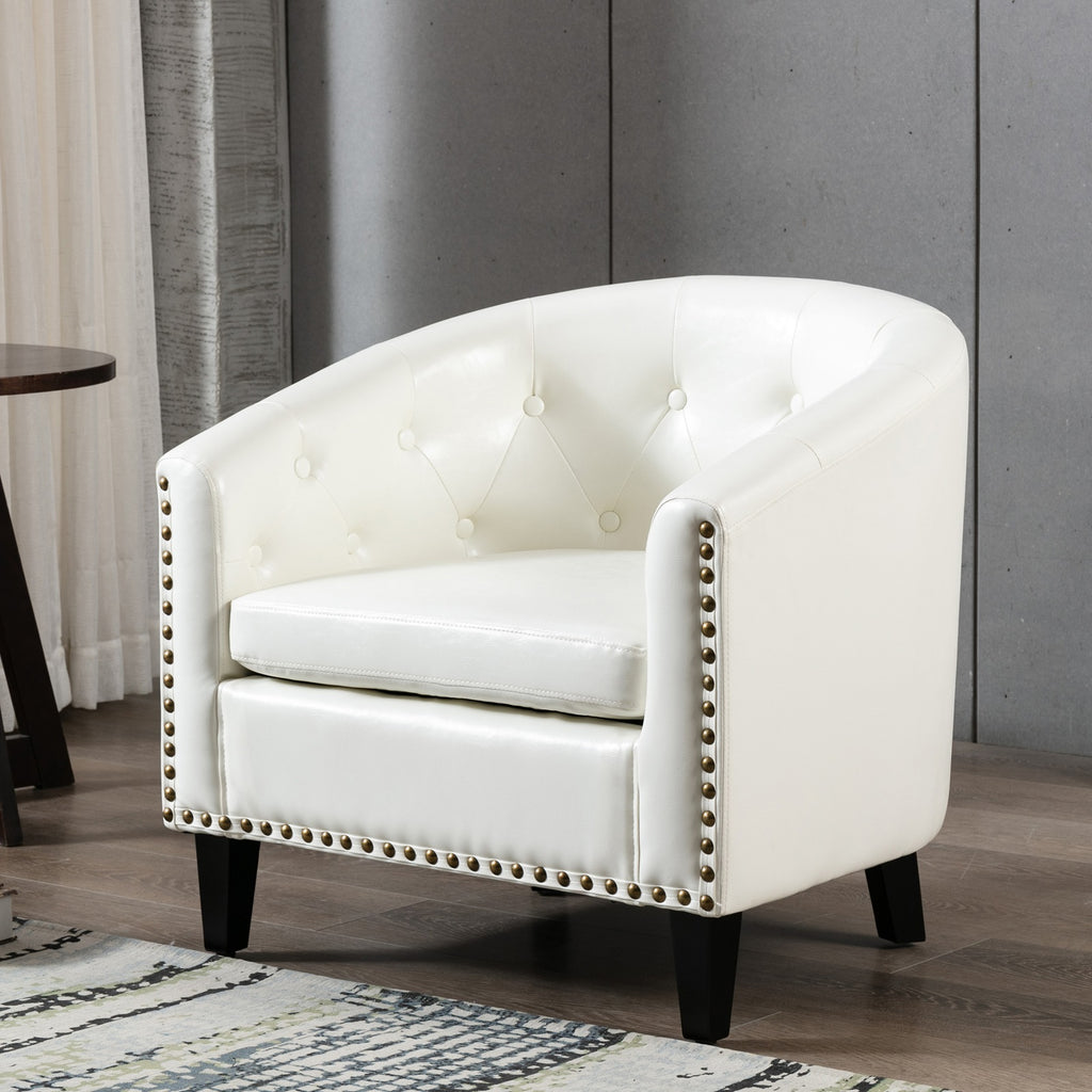 White Pu Leather Barrel Accent Chair with Nailheads and Solid Wood Legs G454