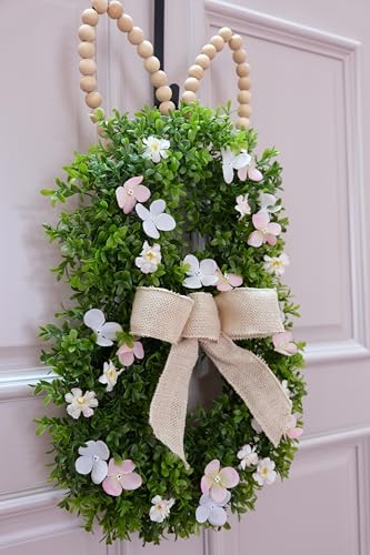 Bunny Shaped Easter Artificial Boxwood Wreath with Beaded Ears V113290