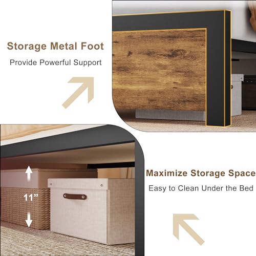 Rustic Brown Full Size Bed Frame with Wood Headboard and Under Bed Storage M371148
