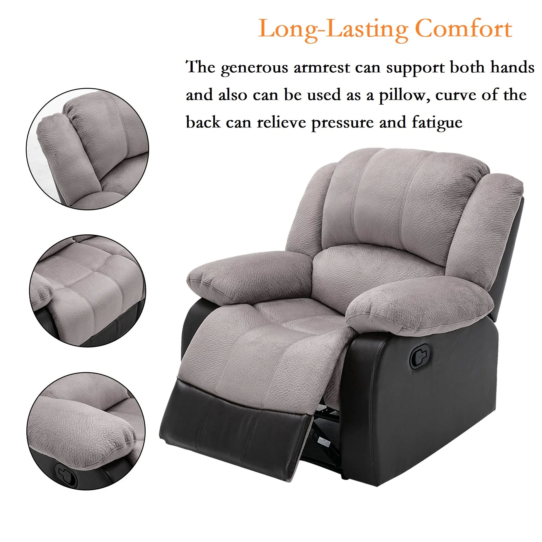 Manual Single Reclining Sofa, Gray PU Leather V40382