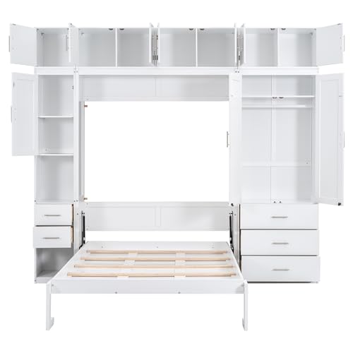 Full Size White Wooden Murphy Bed with Lockers and Wardrobes S320