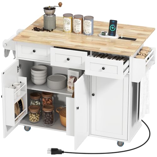 White Rolling Kitchen Island with Wood Top, 3 Drawers, Adjustable Shelf H448543