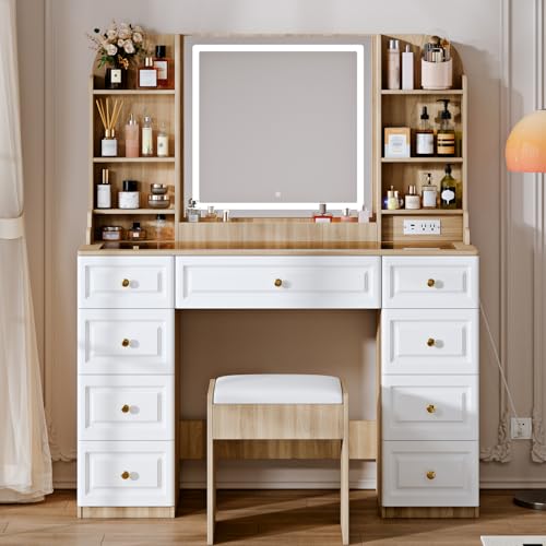 White 9 Drawer Glass Top Makeup Vanity Desk with Mirror and Lights C224
