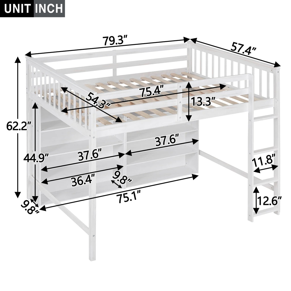 White Wood Full Size Loft Bed with 8 Open Storage Shelves O76639