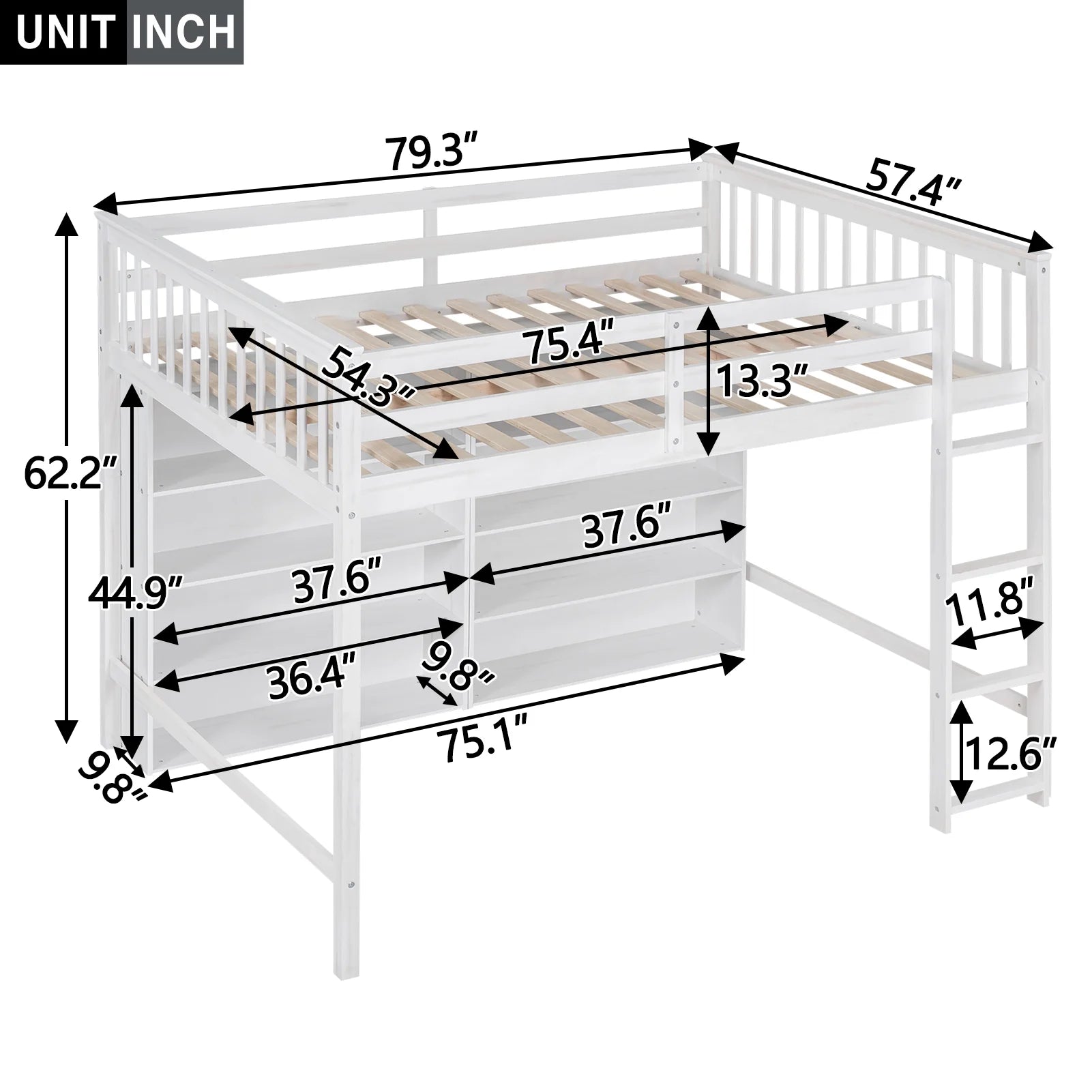 White Wood Full Size Loft Bed with 8 Open Storage Shelves O76639