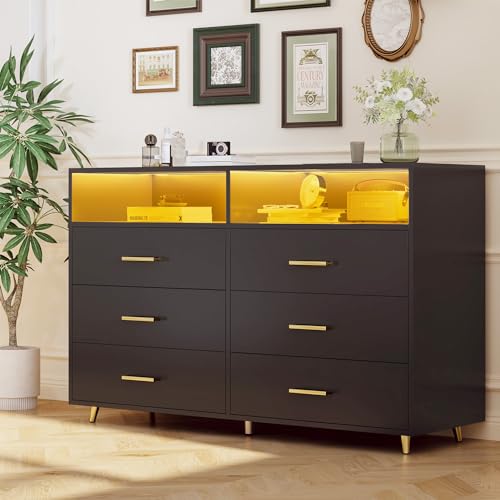 Black 6 Drawer Wood Dresser with LED H6502