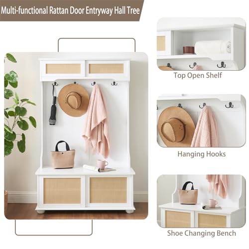 64" 3-in-1 Hall Tree Entryway Four Hooks Rattan Door Shelves Shoe Storage Bench Cabinets with Solid Feet J235716