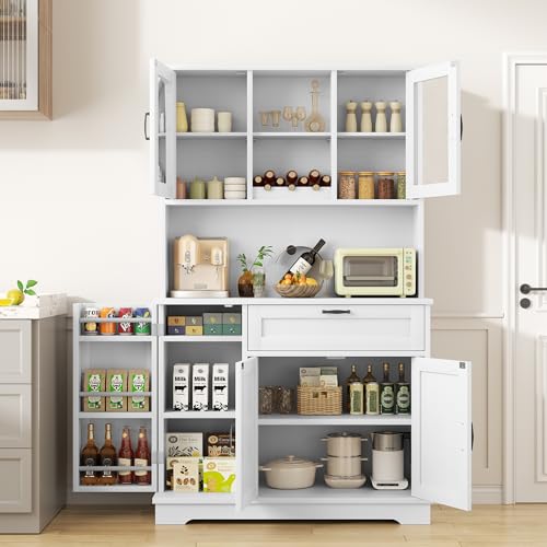 Brown Freestanding Kitchen Pantry Storage Cabinet with Microwave Stand, 4 Door Shelves, Adjustable Shelves and Wine Rack H556463