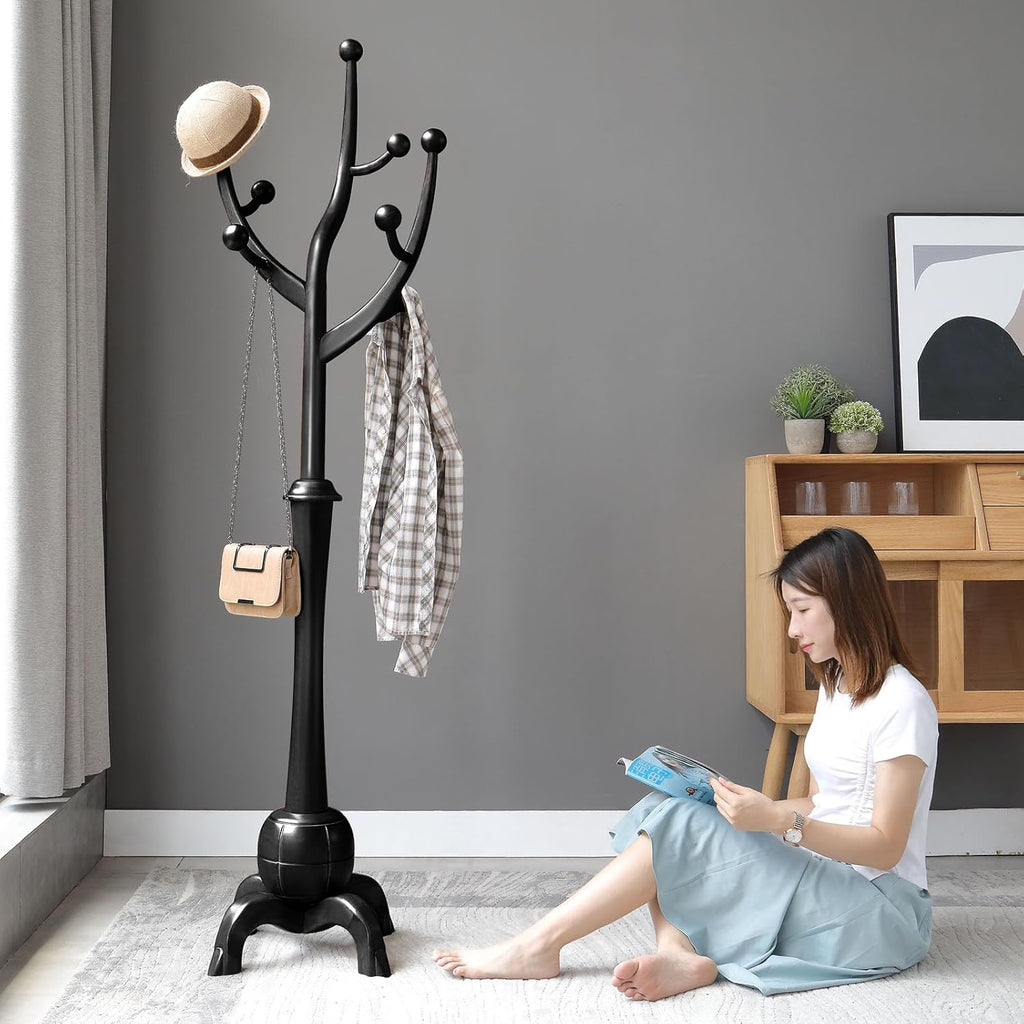 Black Freestanding Wood Coat Rack with 8 Hooks J579592