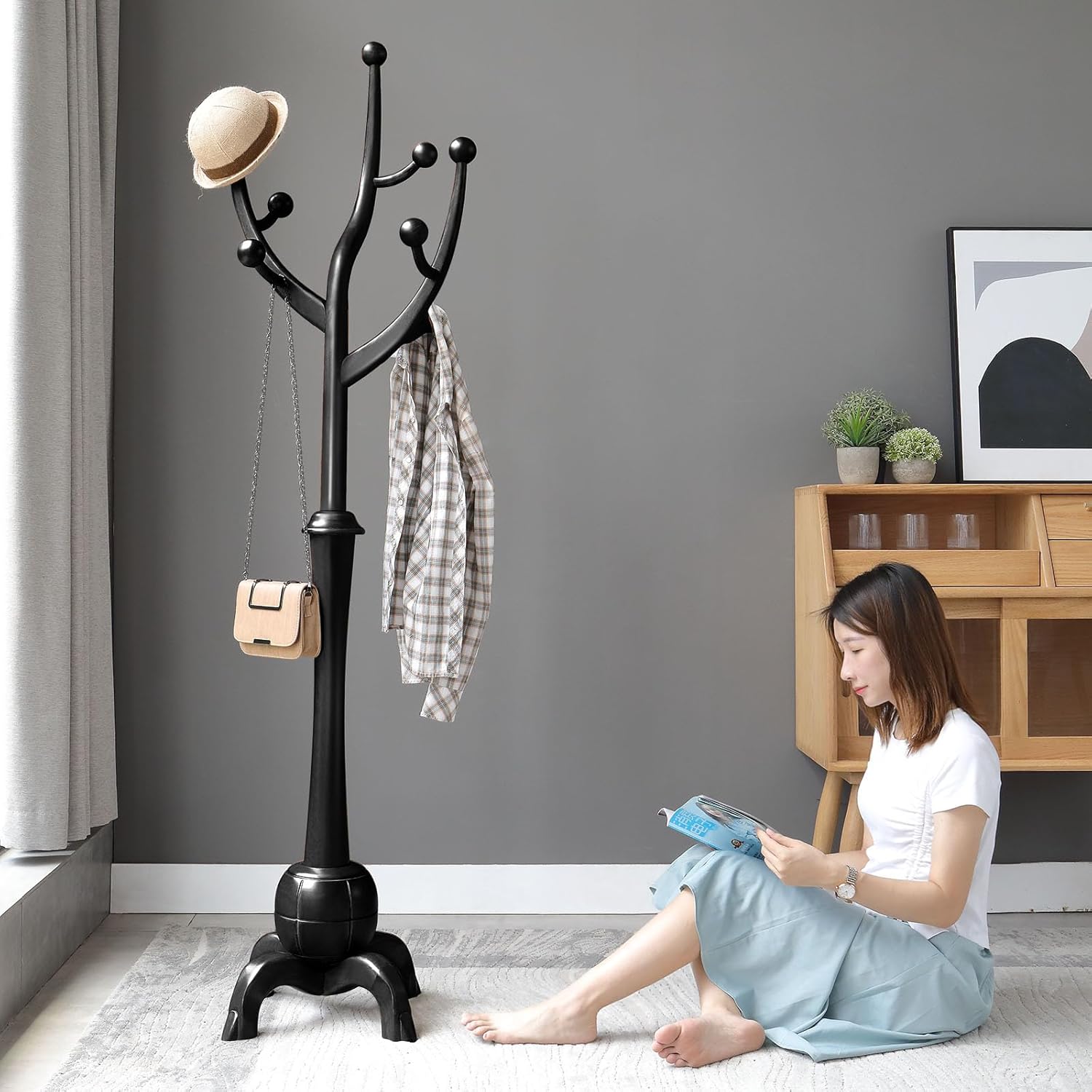 Black Freestanding Wood Coat Rack with 8 Hooks J579592