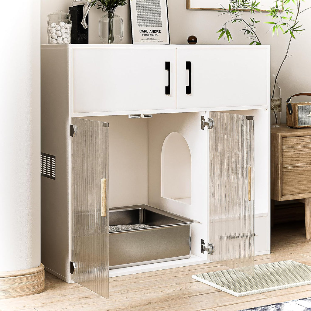 White Cat Litter Box Enclosure Furniture Cabinet with Storage Space, 37.4'' x 19.7'' x 35.4'' I28915