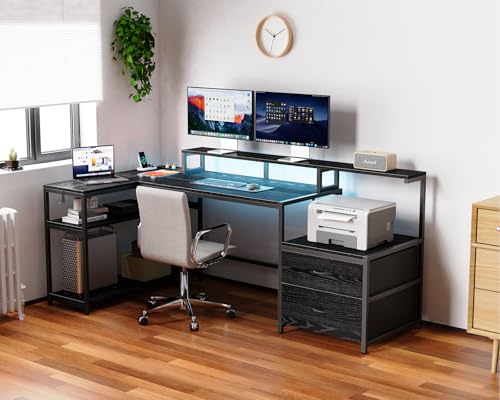 White L Shaped Gaming Desk with Drawers, LED Lights, Power Outlets, Shelves J329