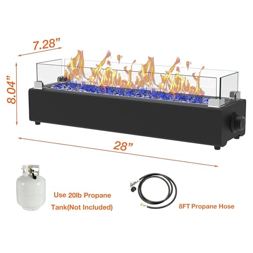 Black 28-inch Table Top Propane Fire Pit with Wind Glass Shield U5269