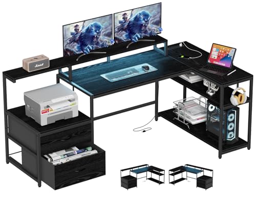 White L Shaped Gaming Desk with Drawers, LED Lights, Power Outlets, Shelves J329