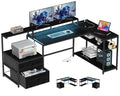 White L Shaped Gaming Desk with Drawers, LED Lights, Power Outlets, Shelves J329