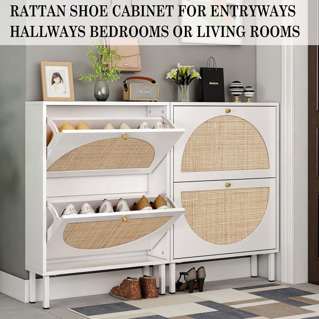 White Rattan Shoe Cabinet with 2 Flip Drawers M1017