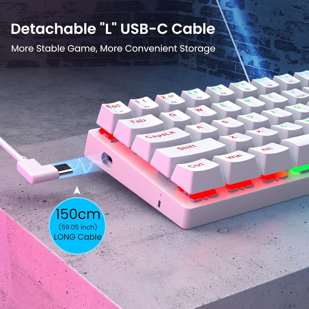 White 61 Keys Wired Mechanical Keyboard with Red Switches T8163