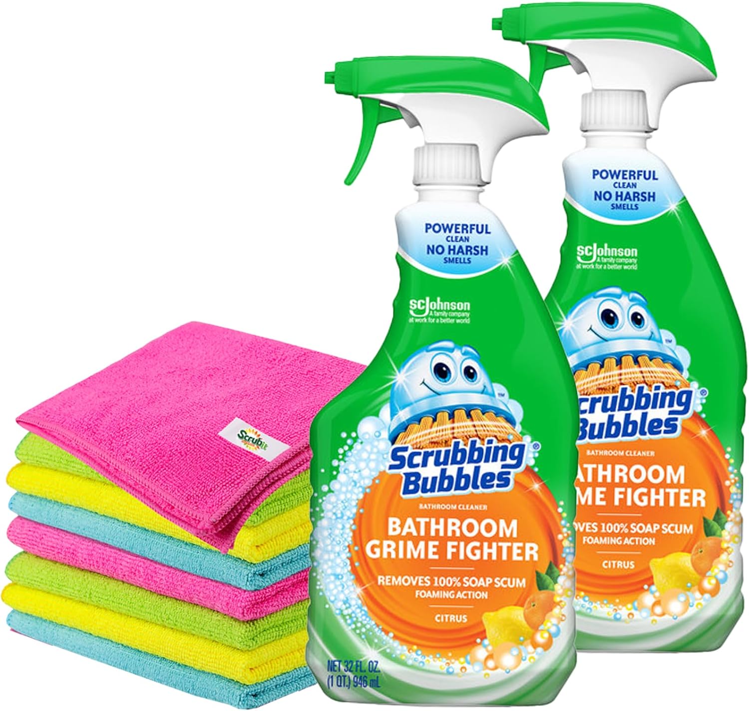 Citrus Bathroom Cleaner Spray, 32 fl oz, 2 Pack with 8 Count Microfiber Cleaning Cloths T95033
