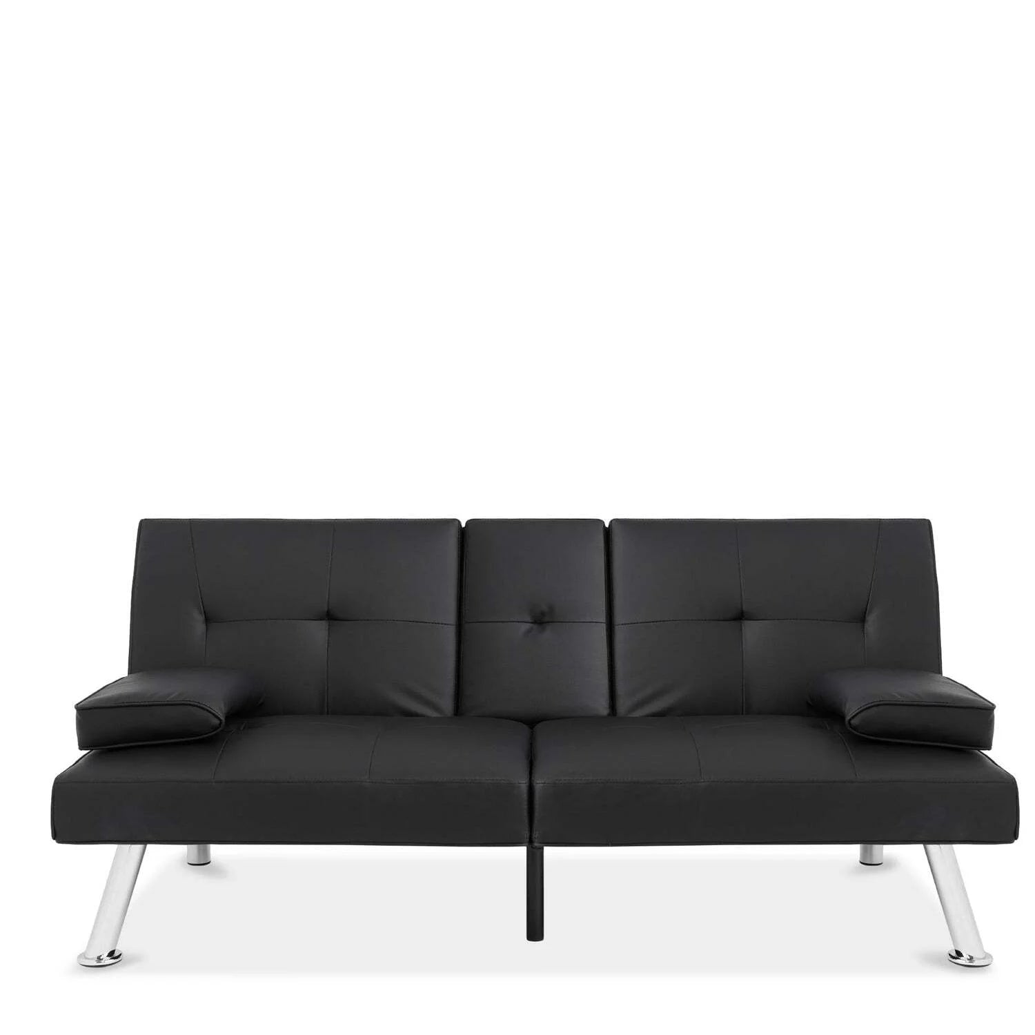 Black Faux Leather Convertible Sofa Futon with 2 Cup Holders J25426