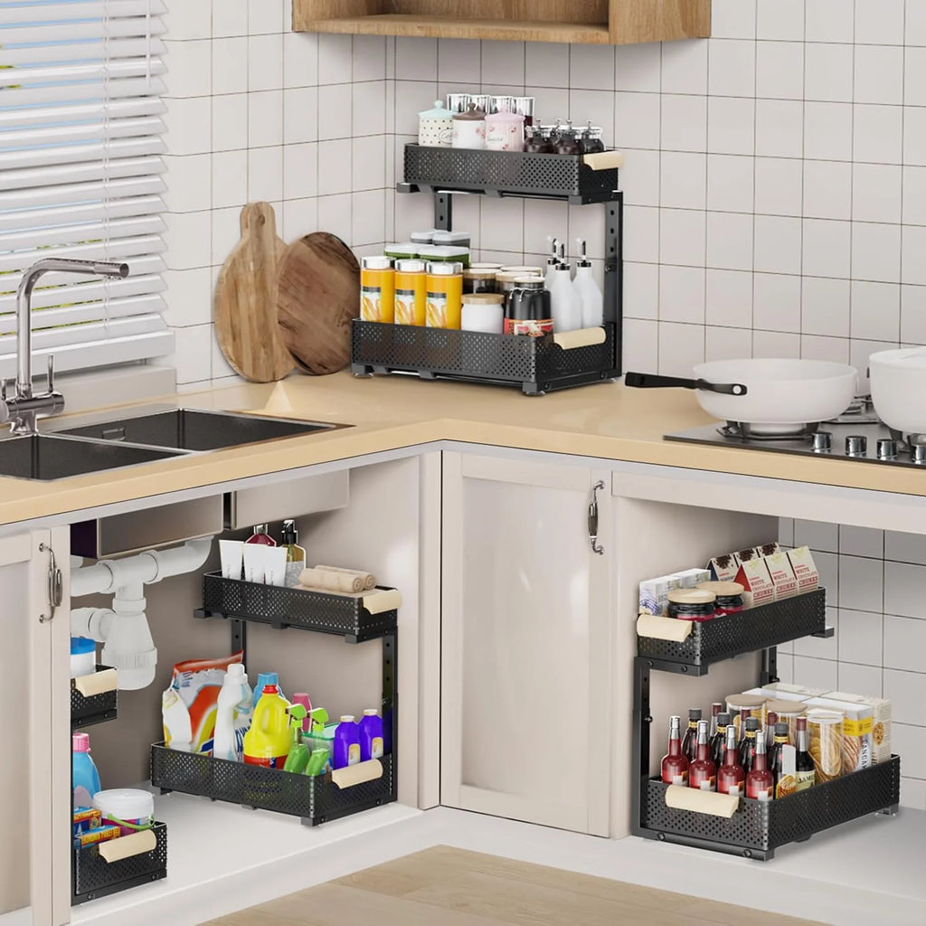2 PACK 5 Height Adjustable 2 Tiers Pull Out Drawer Shelves Metal Slide Tray Organizer V312