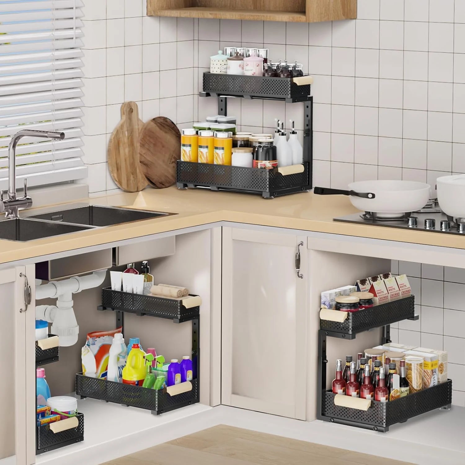 2 PACK 5 Height Adjustable 2 Tiers Pull Out Drawer Shelves Metal Slide Tray Organizer V312