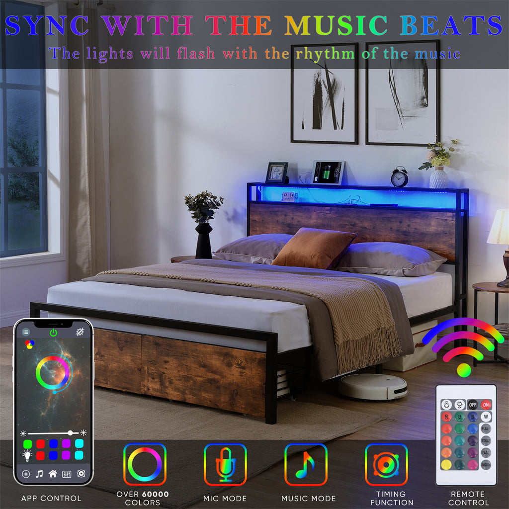 Queen Size Metal Bed Frame with Storage Headboard and 2 Drawers I5040