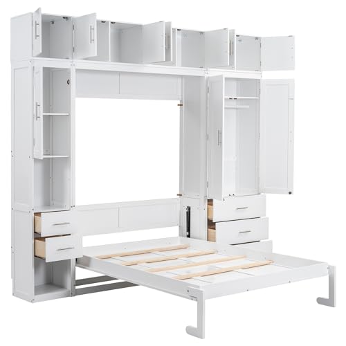 Full Size White Wooden Murphy Bed with Lockers and Wardrobes S320