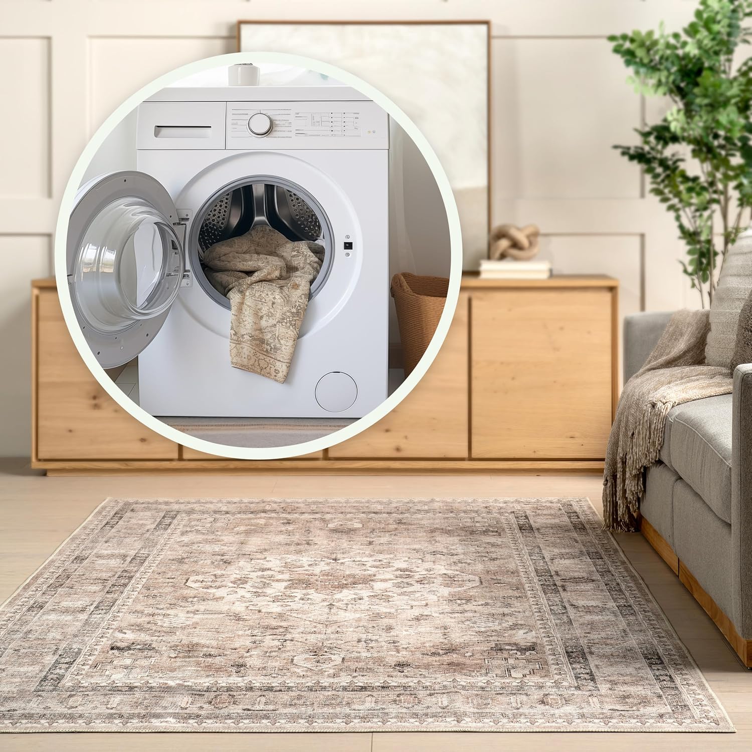 6x9 Spill Proof Machine Washable Area Rug, Stone/Ivory K319