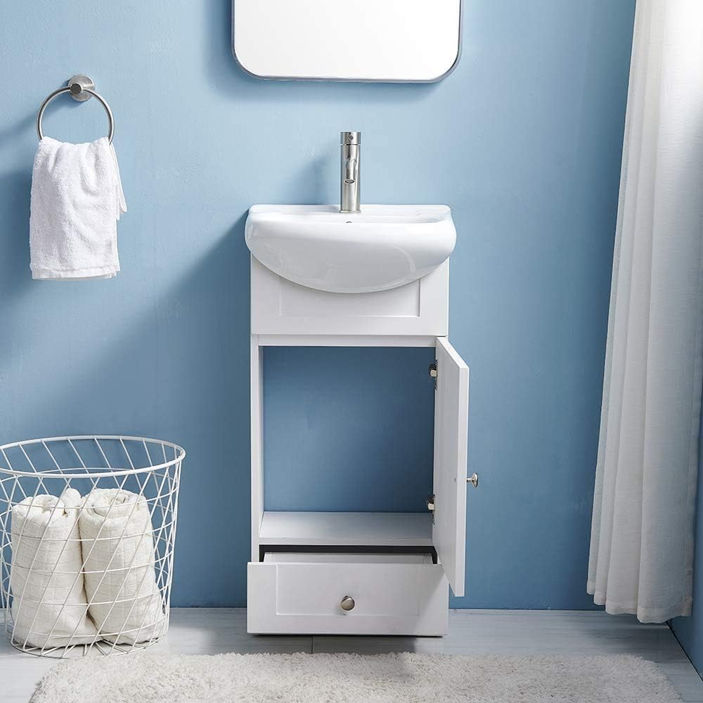 18" White Bathroom Vanity with Sink and 1 Door 1 Drawer H8047