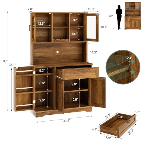 Brown Freestanding Kitchen Pantry Storage Cabinet with Microwave Stand, 4 Door Shelves, Adjustable Shelves and Wine Rack H556463