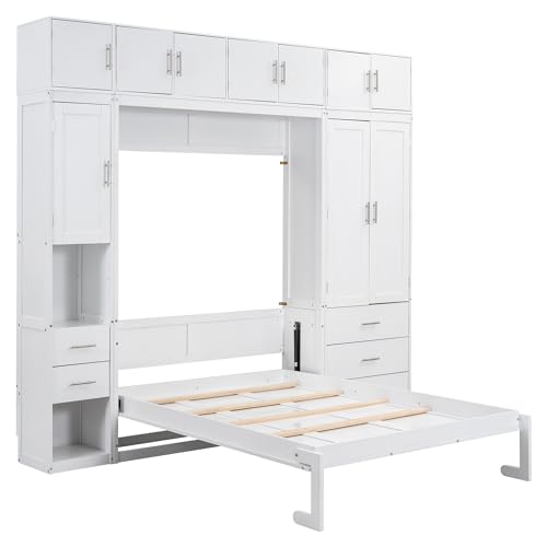 Full Size White Wooden Murphy Bed with Lockers and Wardrobes S320