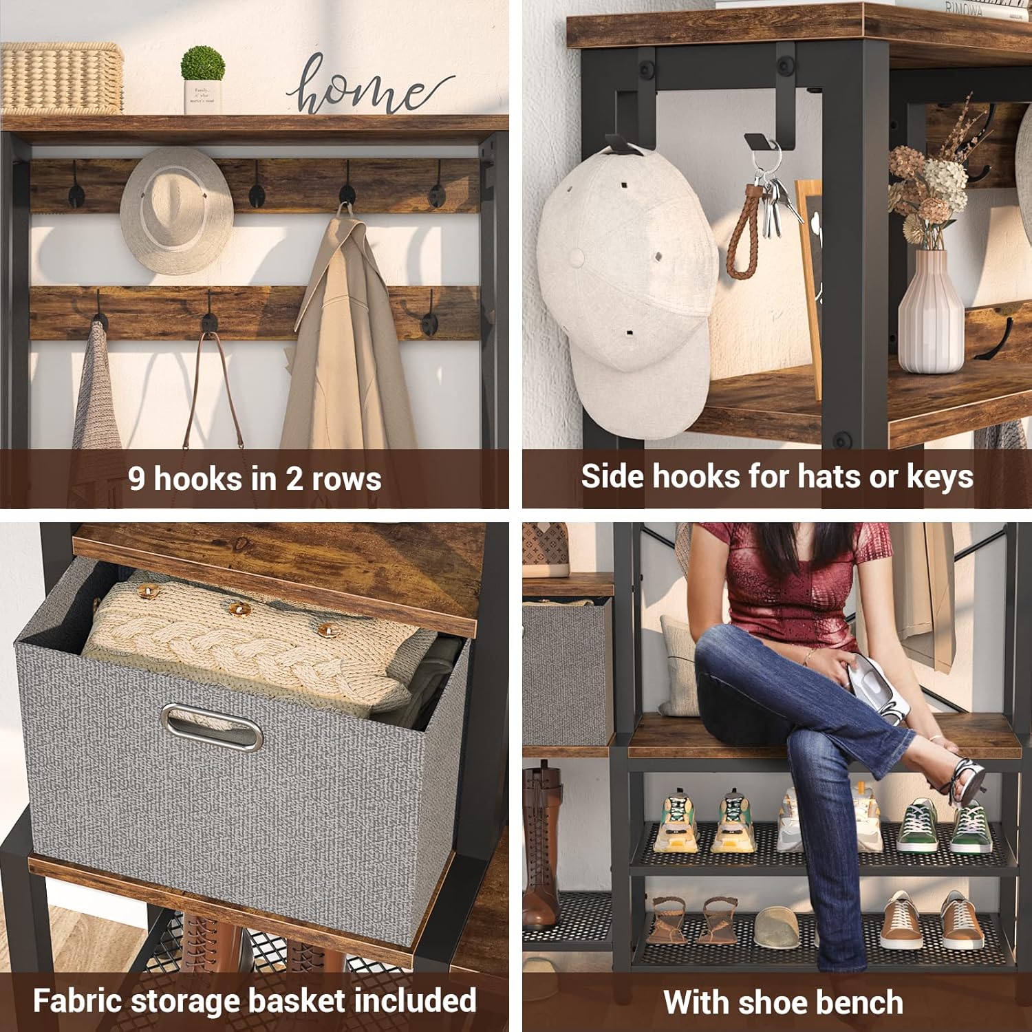 Rustic Brown Hall Tree with Storage Bench, Coat Rack, 5-Tier Shelves, Fabric Storage Basket, Side hooks, Metal Frame L41046
