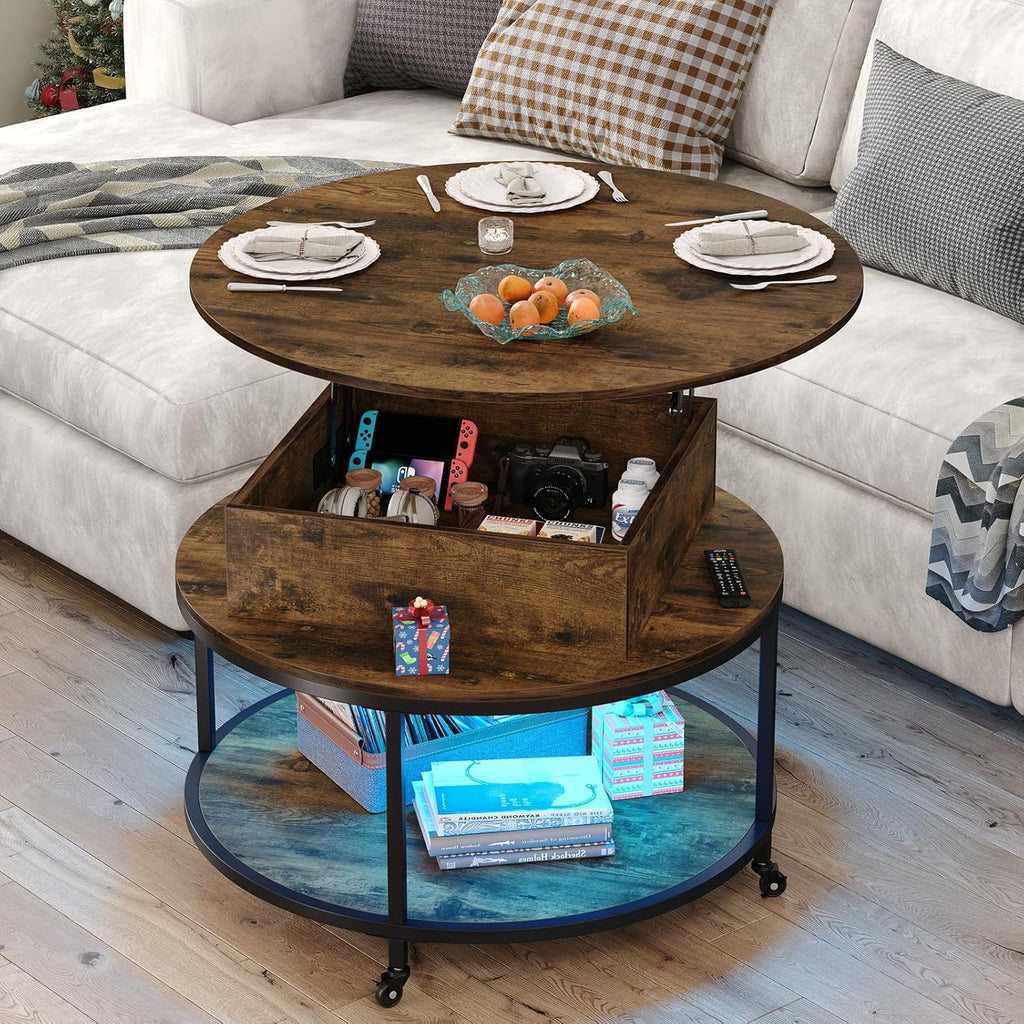 Rustic Brown Lift Top Round Coffee Table with 2-Tier Storage & Wheels C30371