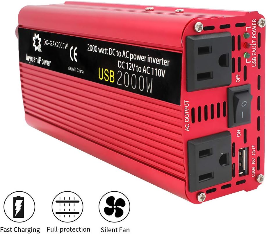 1200W DC to AC 12V to 110V Car Power Inverter with 3.1A USB and Battery Clips W33366